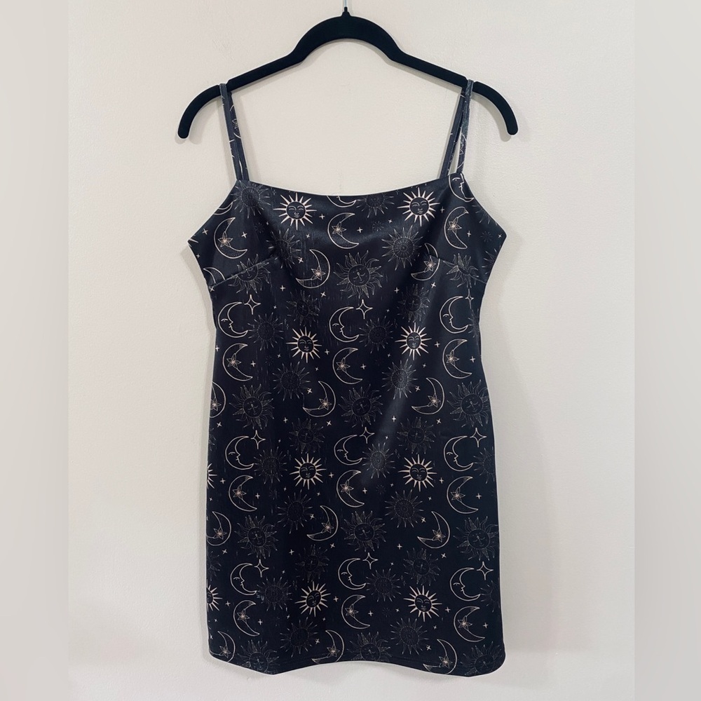 Urban Outfitters ✨ Black Celestial Moon Stars and Sun Mini Dress, Size Large - Picture 3 of 8